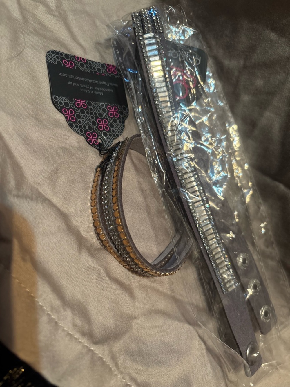 NWT Lot of 2  Gray and Gold Leather Wrap Bracelet with Crystal Accents